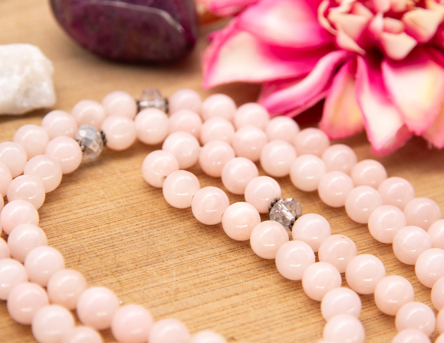 Rose Quartz & Faceted Glass Mala – 8mm
