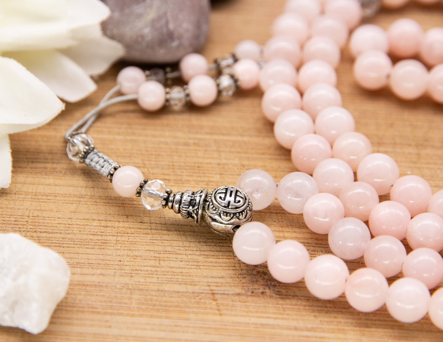 Rose Quartz & Faceted Glass Mala – 8mm