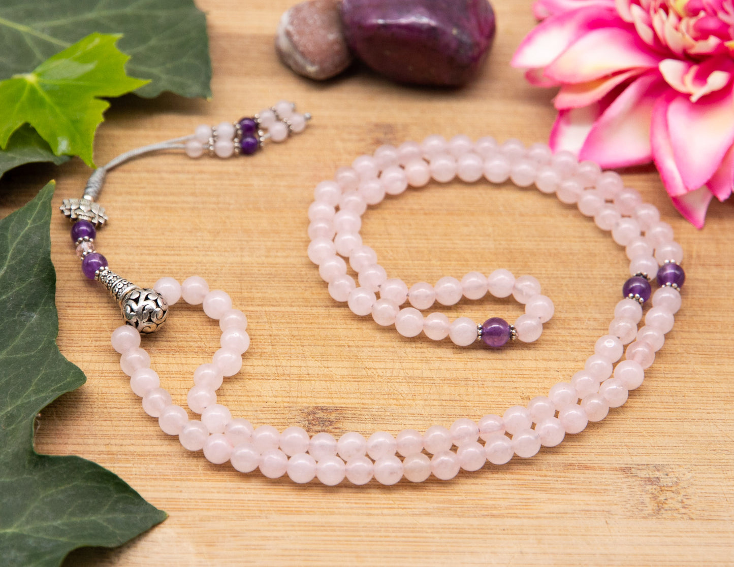 Rosenquarz & Amethyst Mala – 6mm