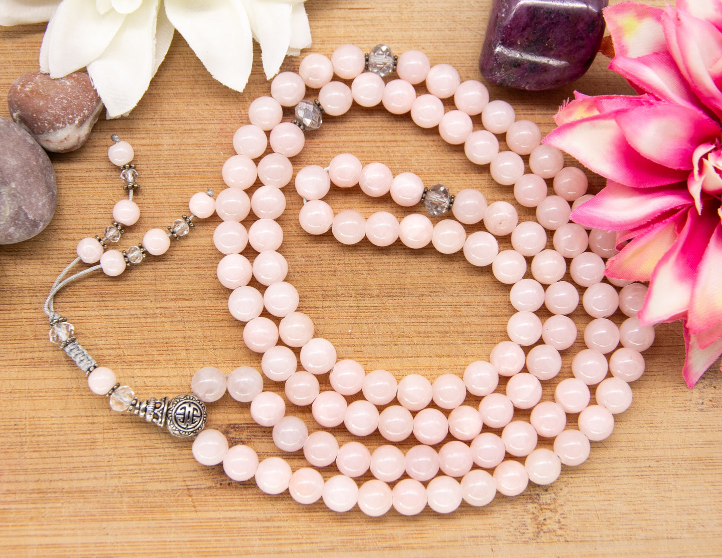 Rose Quartz & Faceted Glass Mala – 8mm