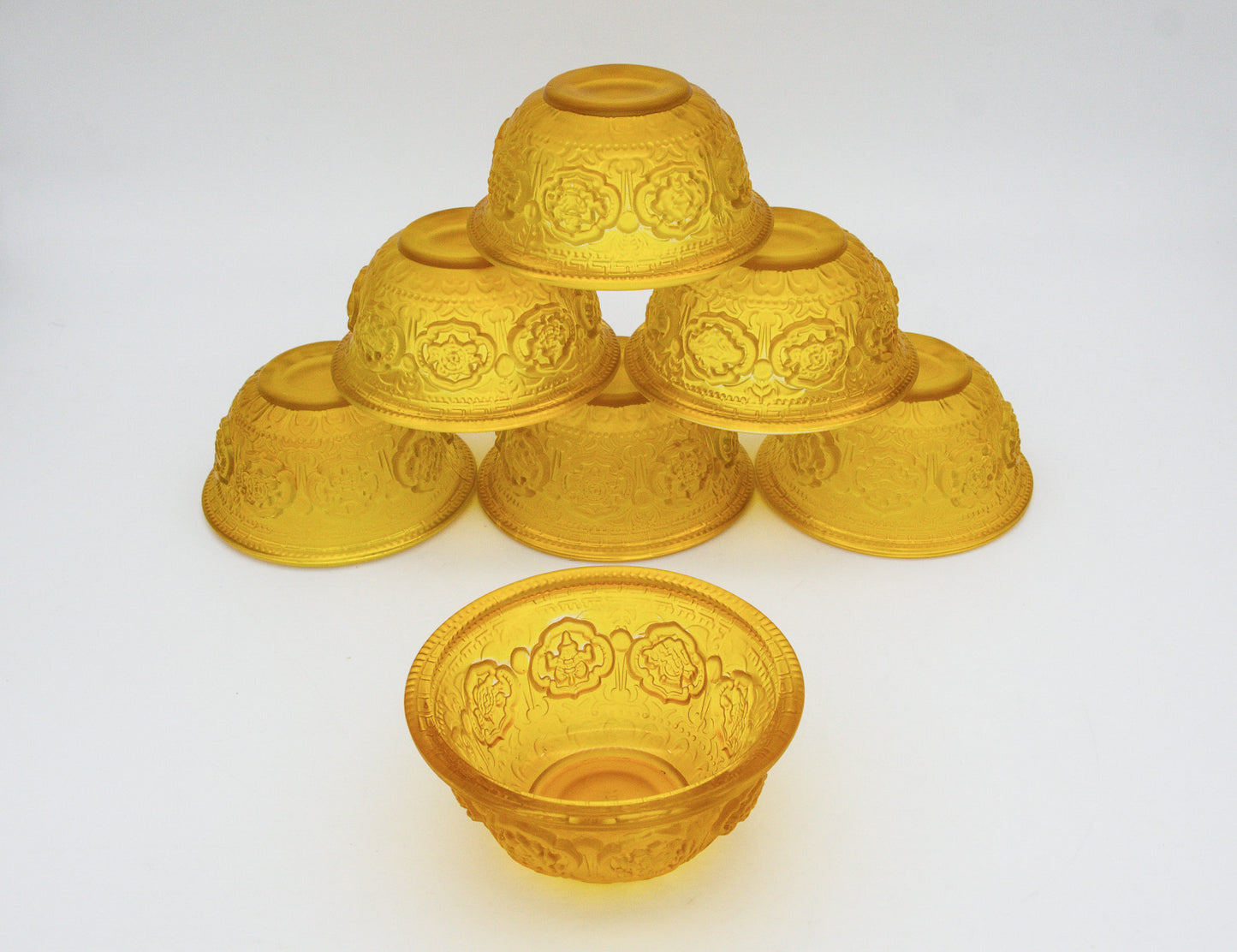 Opferschalen-Set mit Glückssymbolen, gelbes Glas – 10 cm