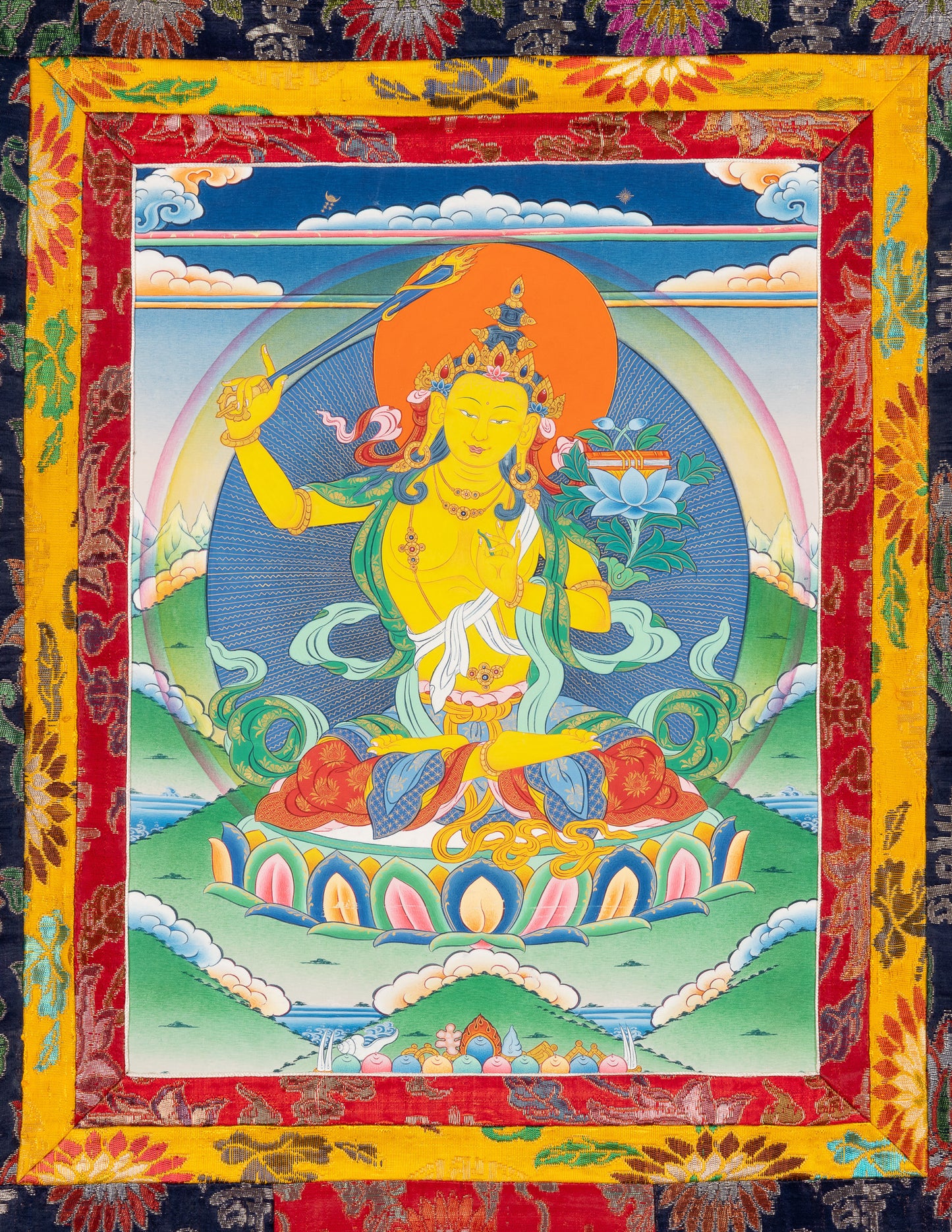 Manjushri Thangka II mit altem Brokat