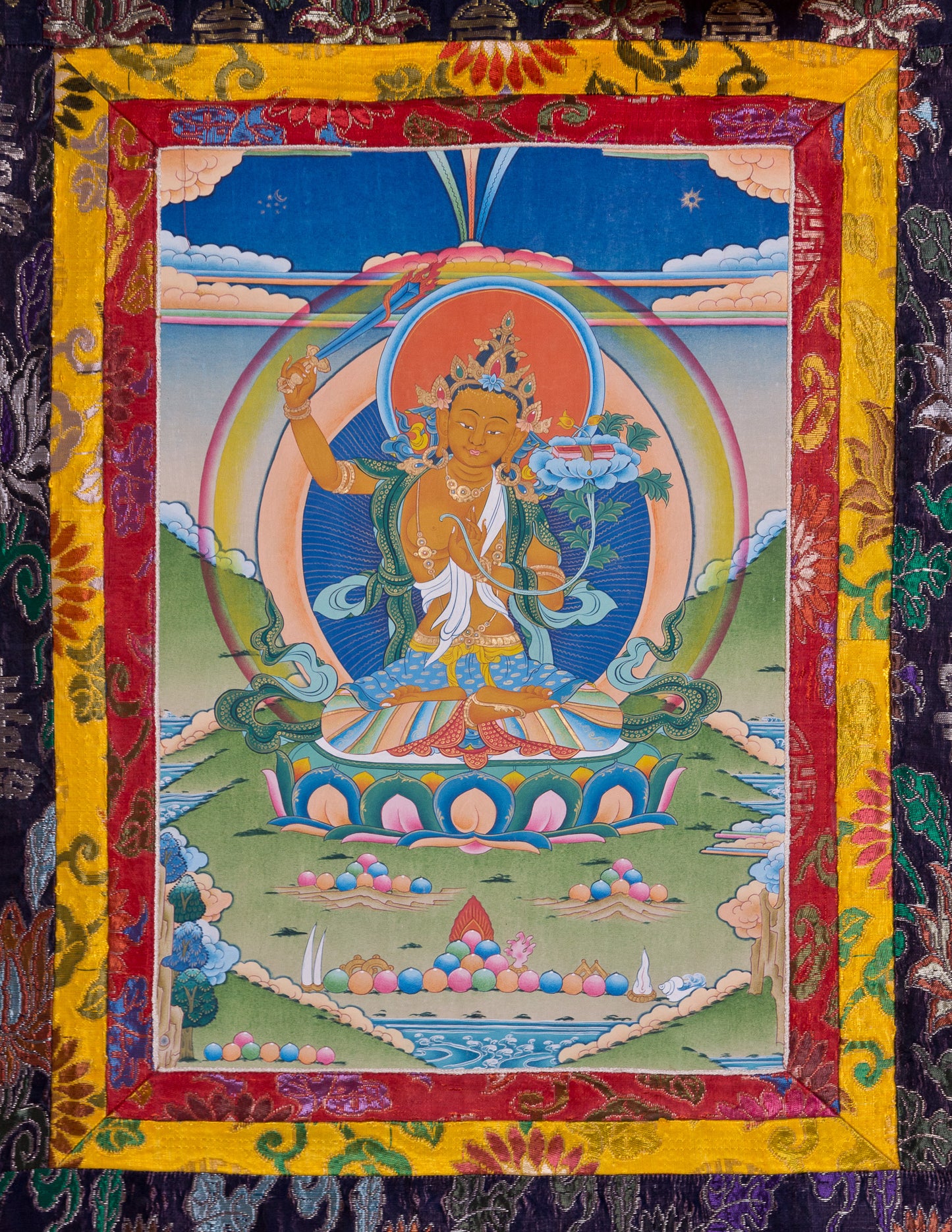 Manjushri Thangka VII with old brocade