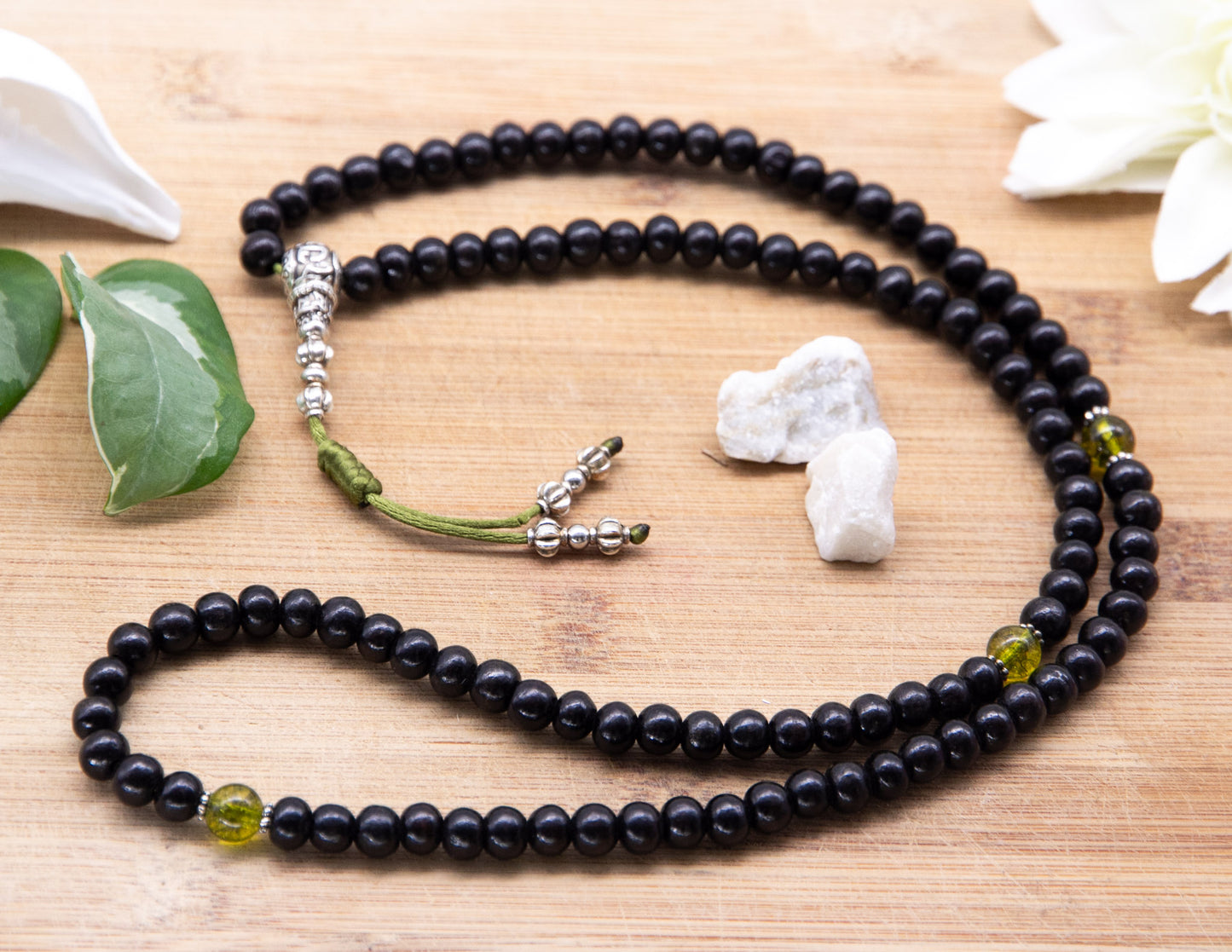 Black Rosewood Mala with Green Beads – 7mm