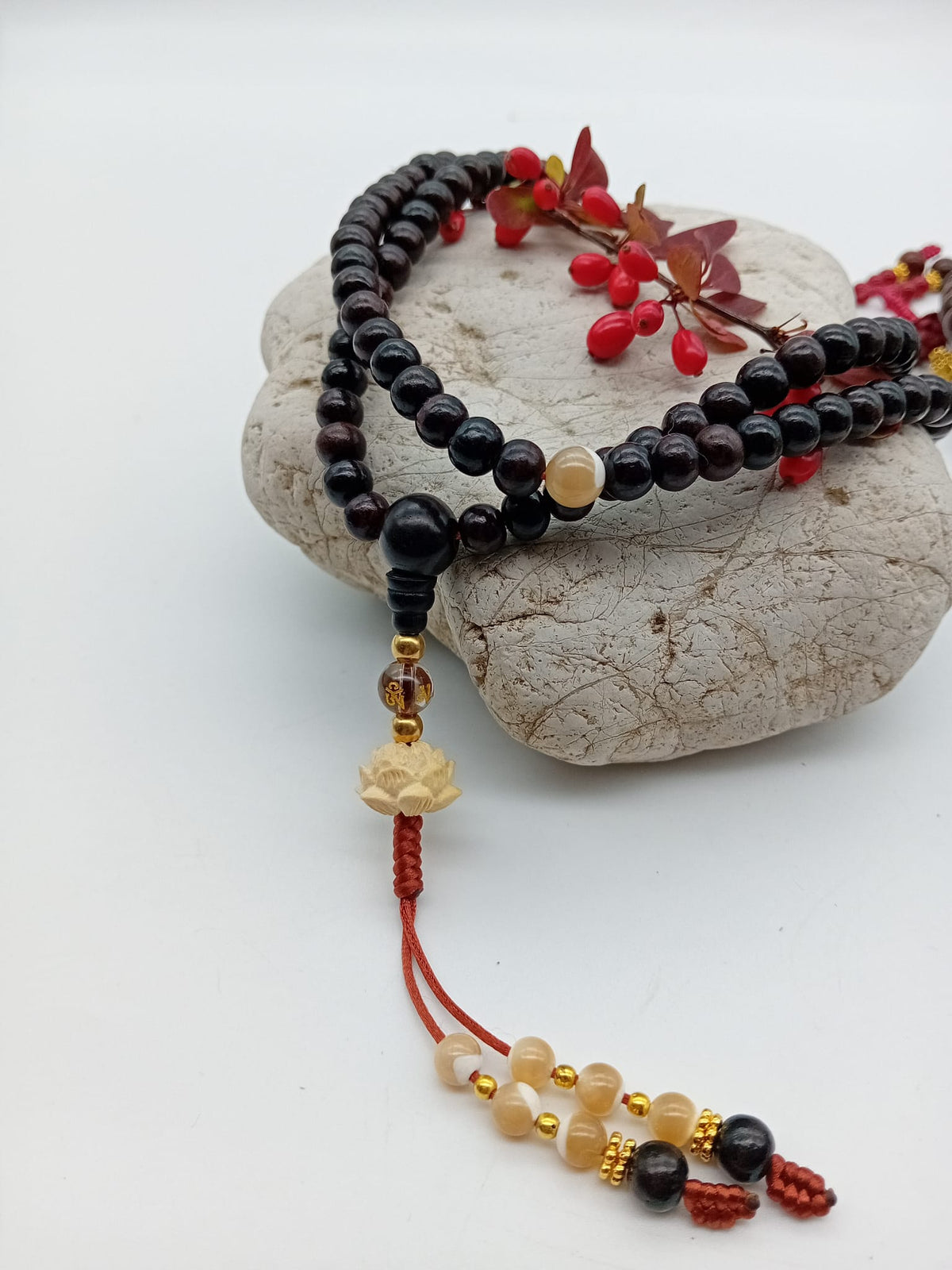 POS Dark Rose Wood Mala & Mother of Pearl & White Lotus 6mm