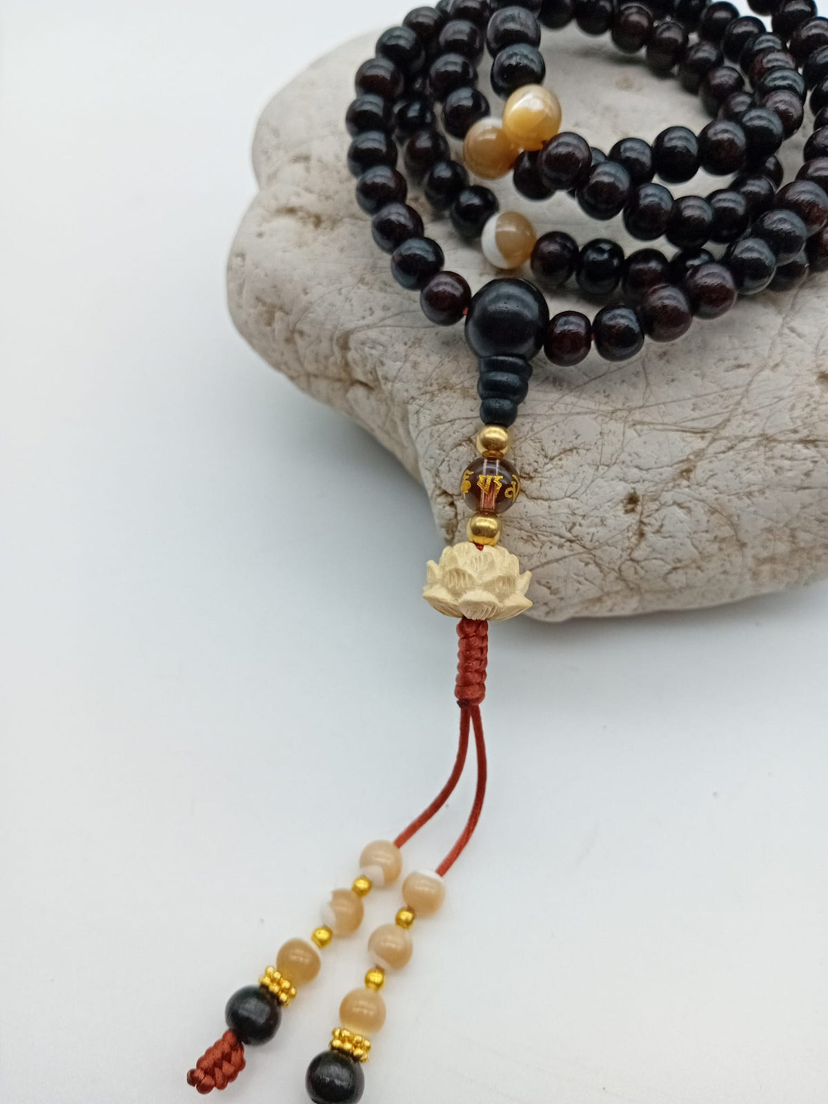 POS Dark Rose Wood Mala & Mother of Pearl & White Lotus 6mm