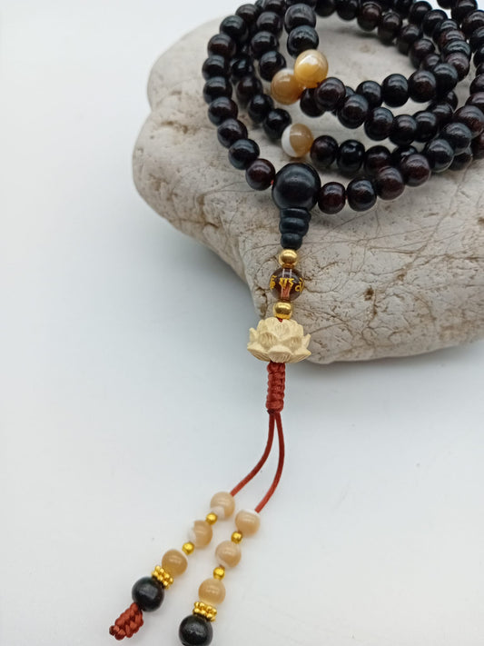 Dark Rose Wood Mala with Mother of Pearl & White Lotus – 6mm