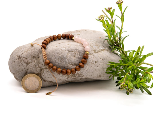 Handgelenk-Mala aus Sandelholz & Rosenquarz – 6 mm