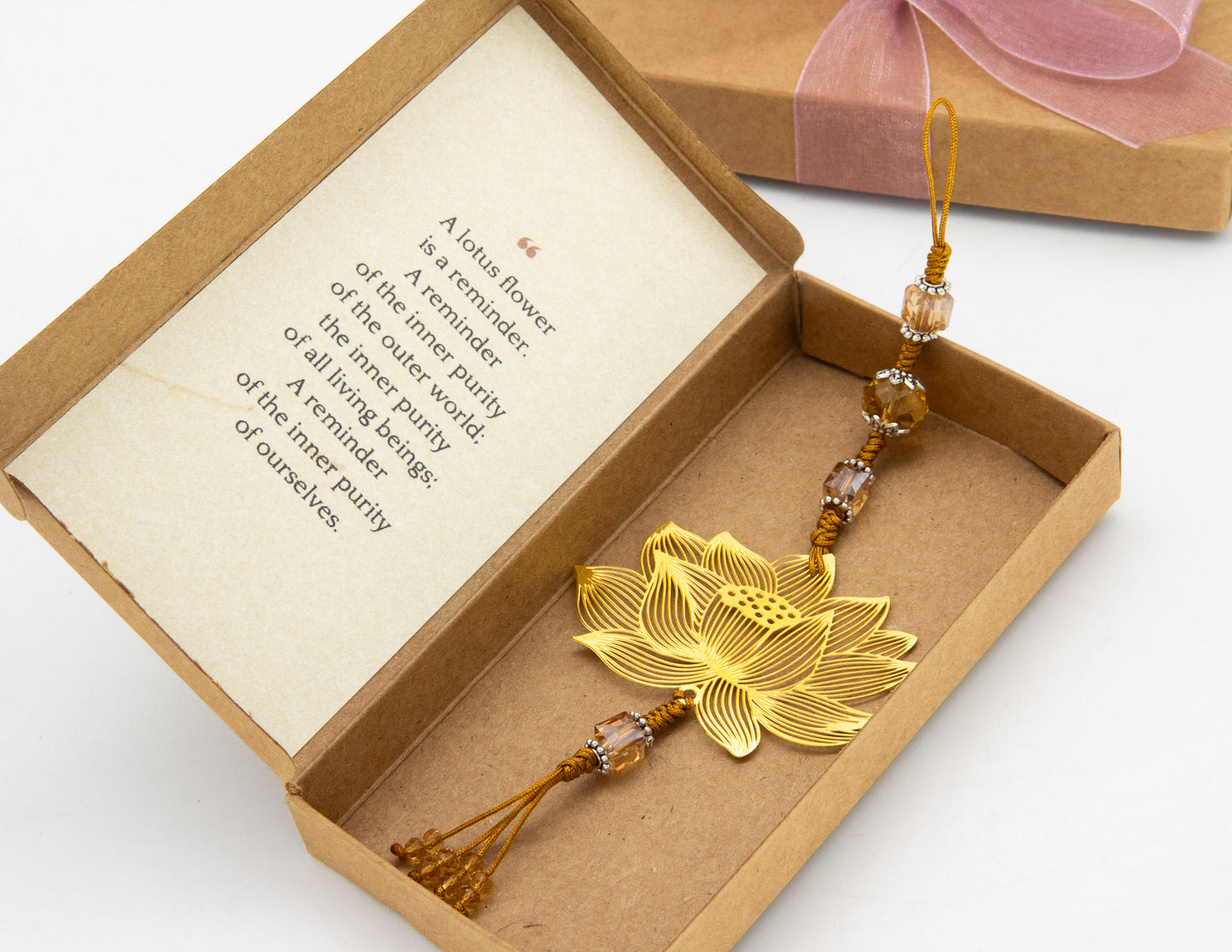 Handcrafted Golden Lotus Pendant with Quote