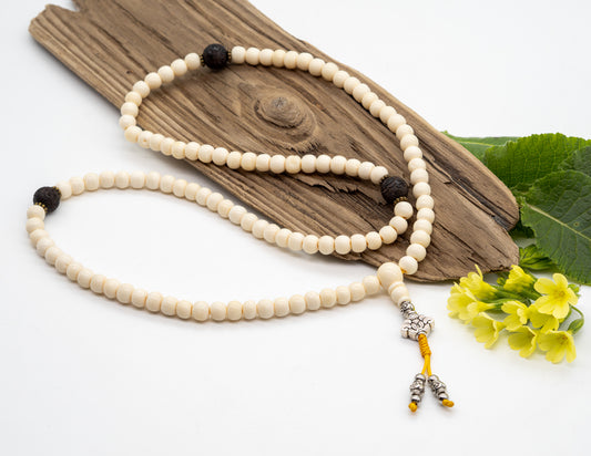 Bone & Carved Wood Mala – 8mm