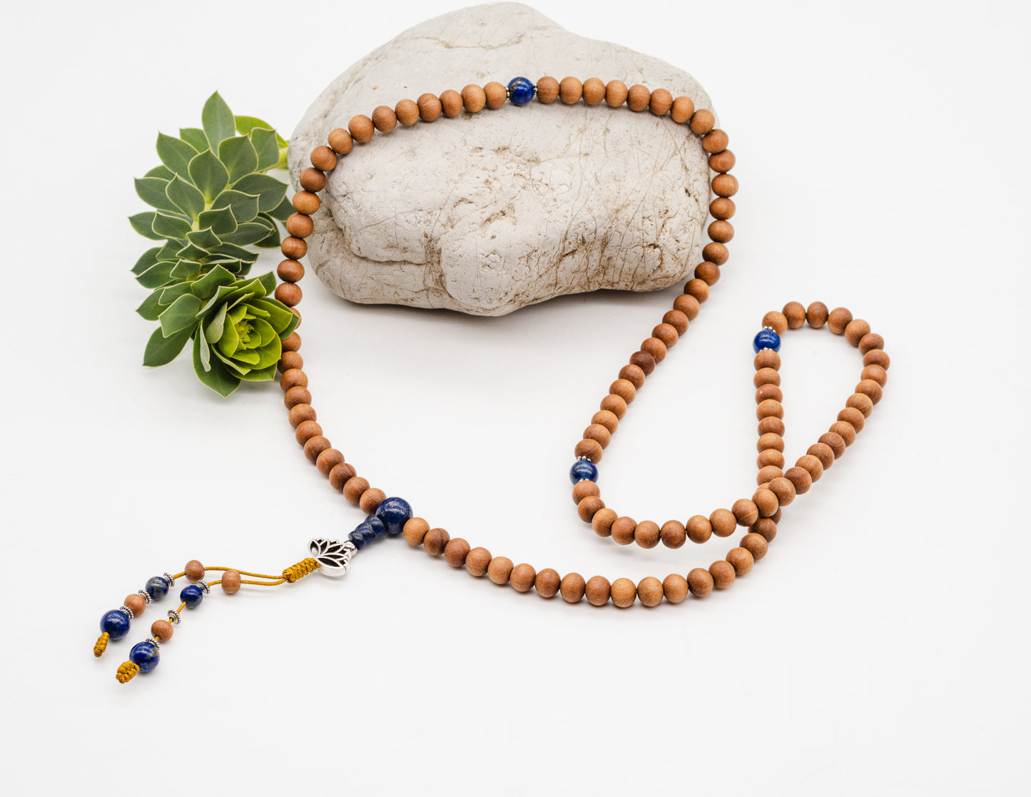 Sandalwood & Lapis Lazuli Mala with Lotus – 8mm