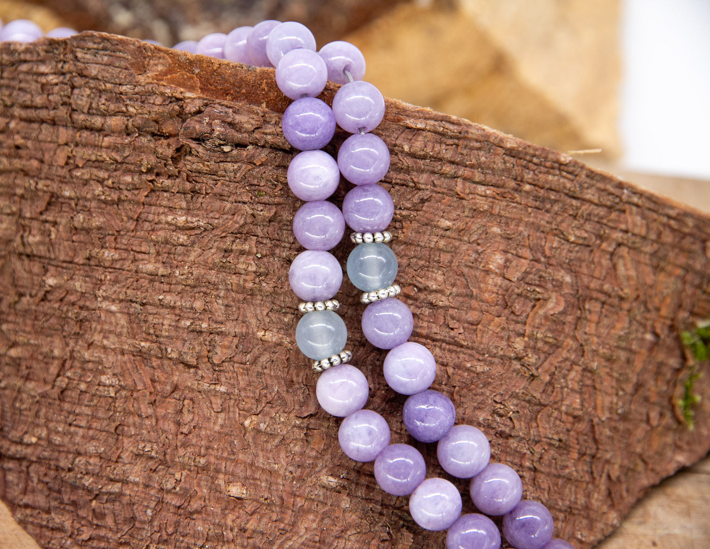 Purple Angelite & Light Blue Mala 8mm