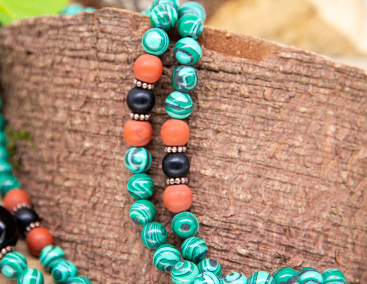 Malakite & Tibetan Clay with black Onix Mala 8mm