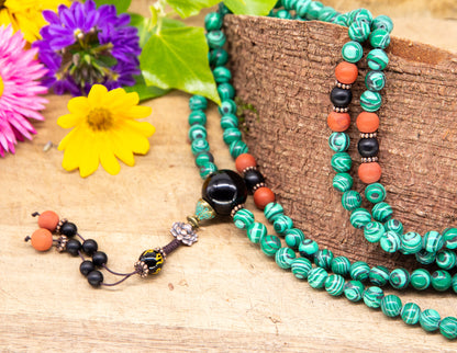 Malakite & Tibetan Clay with black Onix Mala 8mm