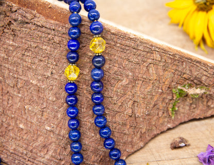 Mala en verre cristal lapis-lazuli et jaune 6mm