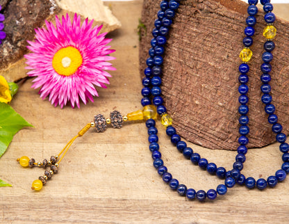 Mala en verre cristal lapis-lazuli et jaune 6mm