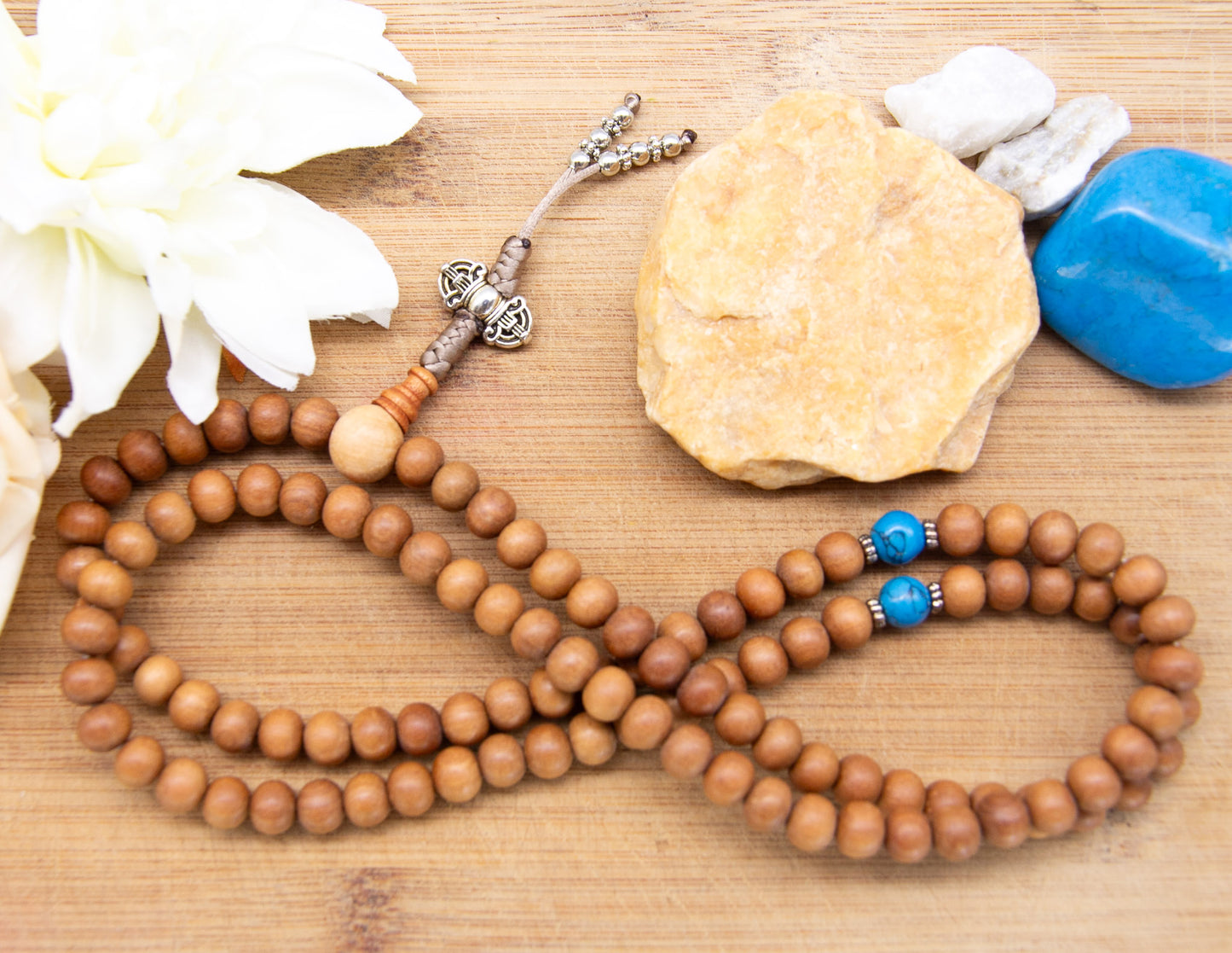 Sandalwood Dorje Mala with Turquoise Howlite – 8mm