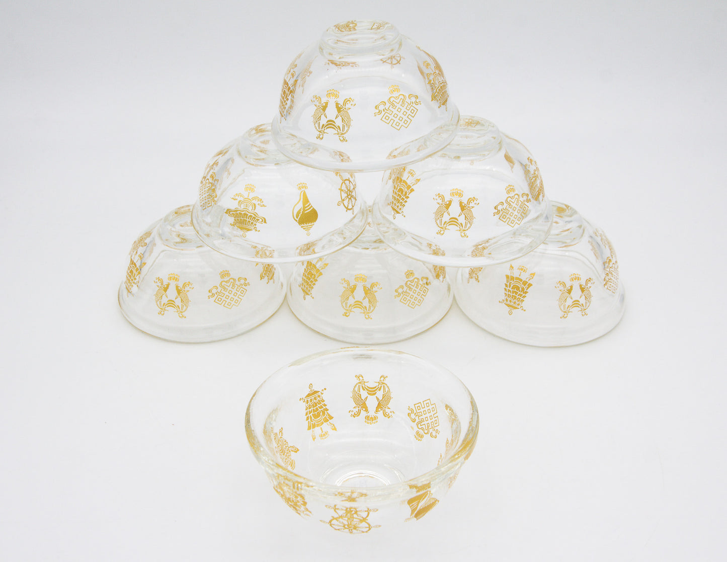 Goldenes Opferschalen-Set mit Glückssymbolen, Glas – 9 cm