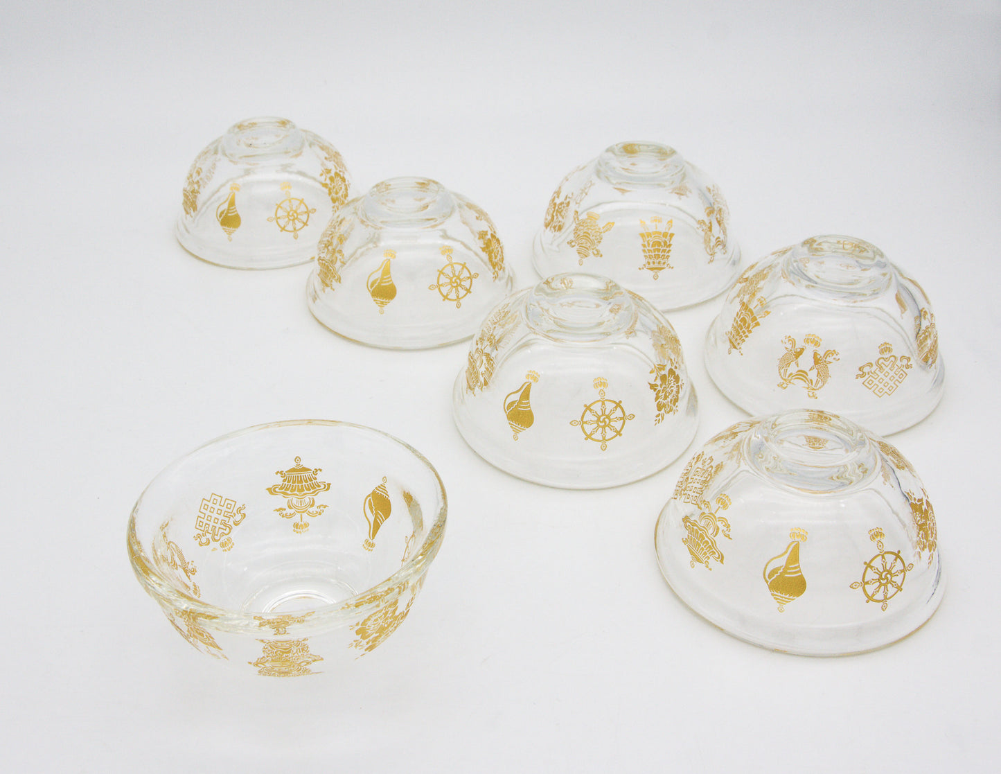 Goldenes Opferschalen-Set mit Glückssymbolen, Glas – 9 cm