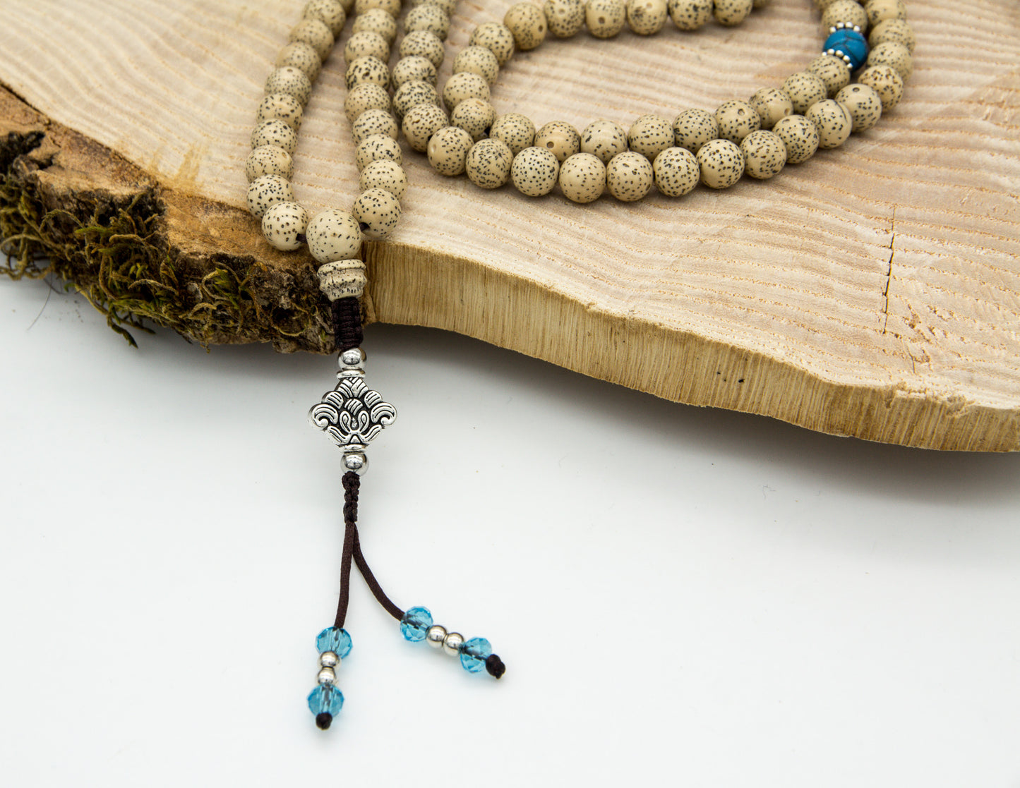 Lotus Seed & Turquoise Howlite Mala with Silver Lotus – 8mm