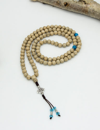 Lotus Seed & Turquoise Howlite Mala with Silver Lotus – 8mm