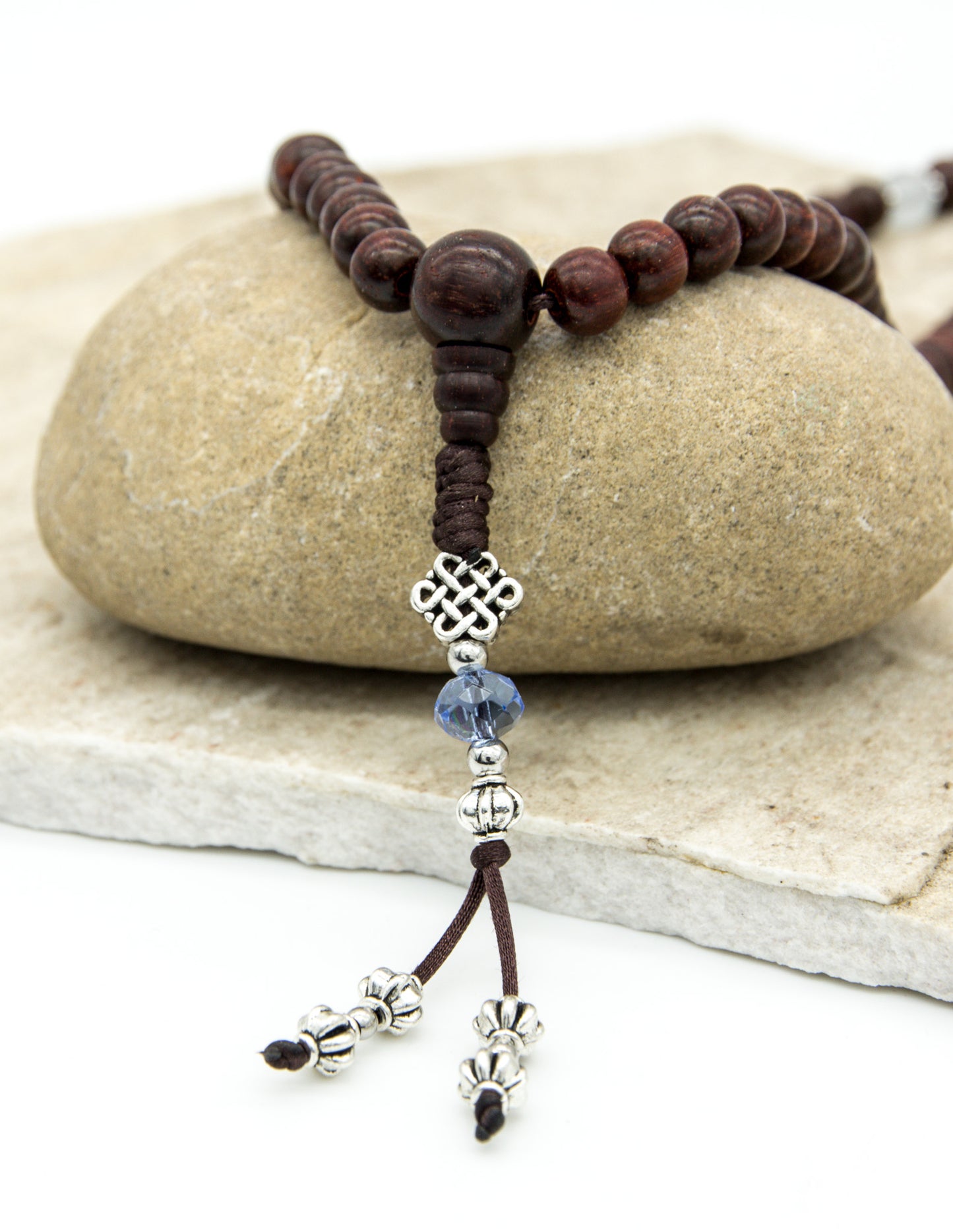 Rosewood Mala with Silver Endless Knot  – 8mm