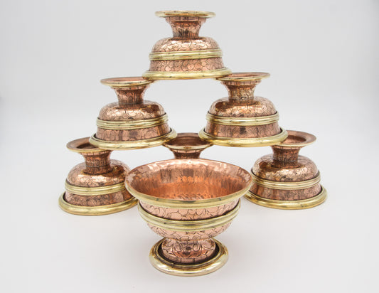 Footed Engraved Offering Bowl Set, Polished Copper – 8cm